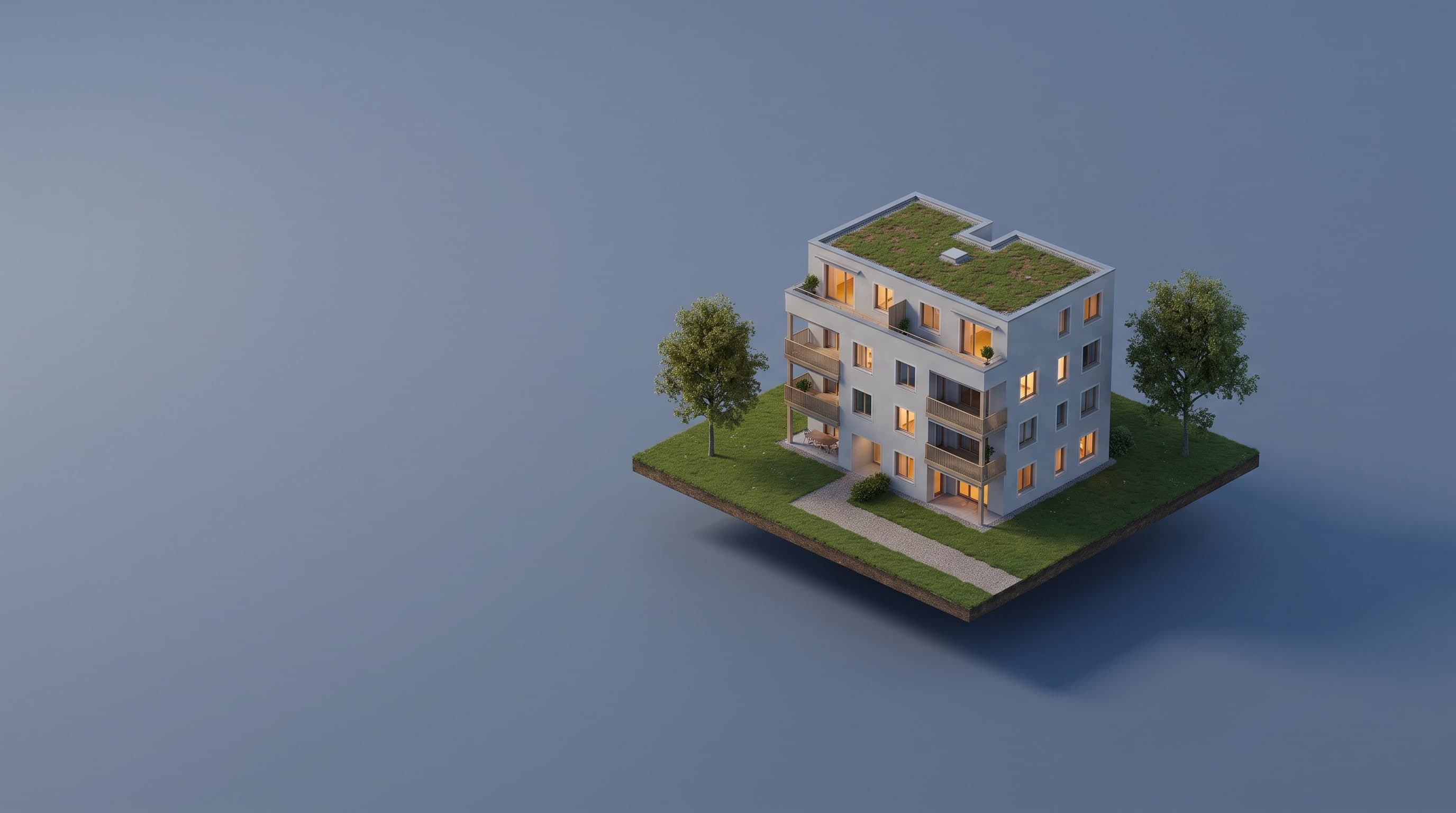 Visualisierung: viergeschossiges Mehrfamilienhaus mit begrüntem Flachdach und Balkonen auf einem Rasensockel, Blaue Stunde