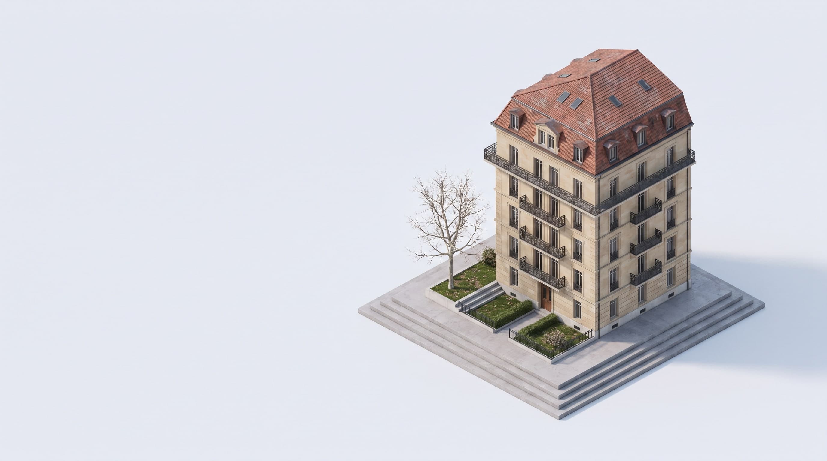 Visualisierung: sechsgeschossiges Stadthaus mit rotem Walmdach, Vorgarten und Treppenanlage, auf hellgrauem Grund