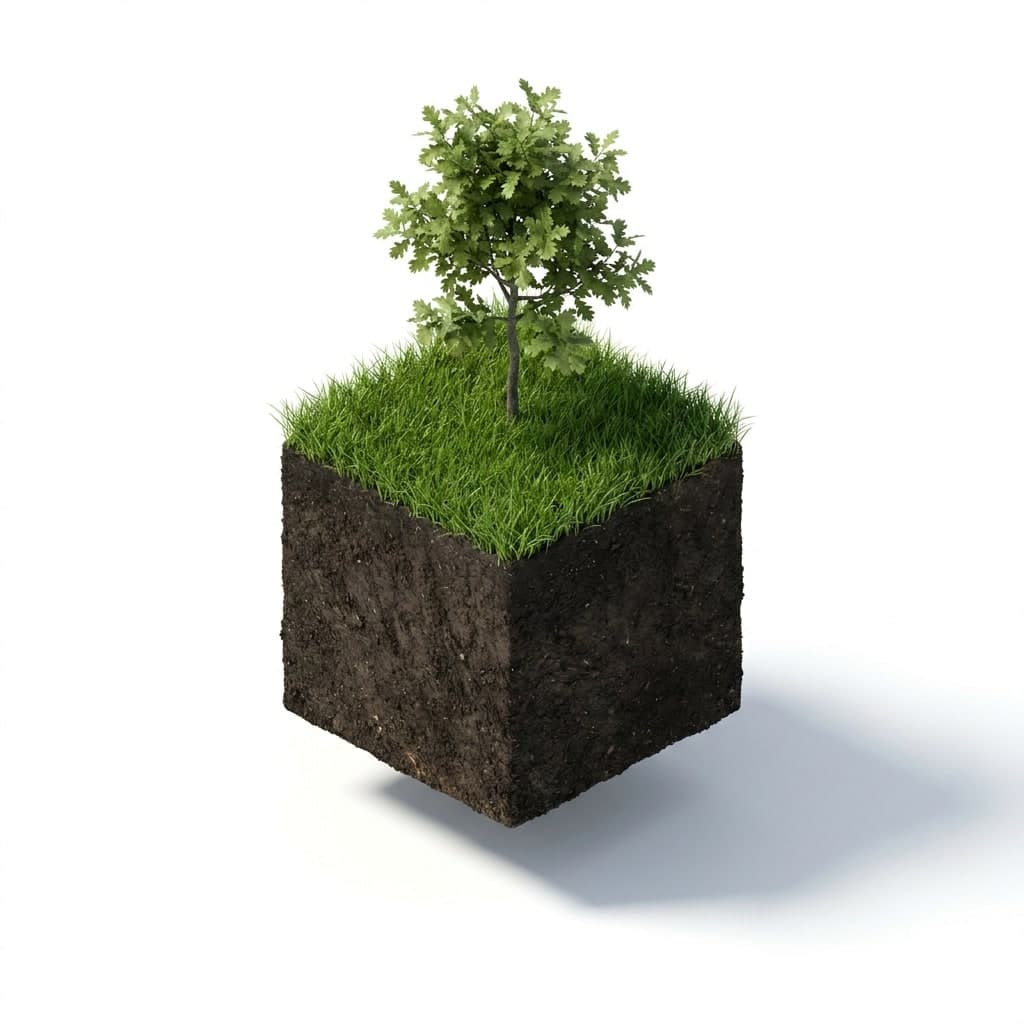 Visualisierung: ein Würfel Erde mit Rasen und einem jungen Baum, auf Weiss