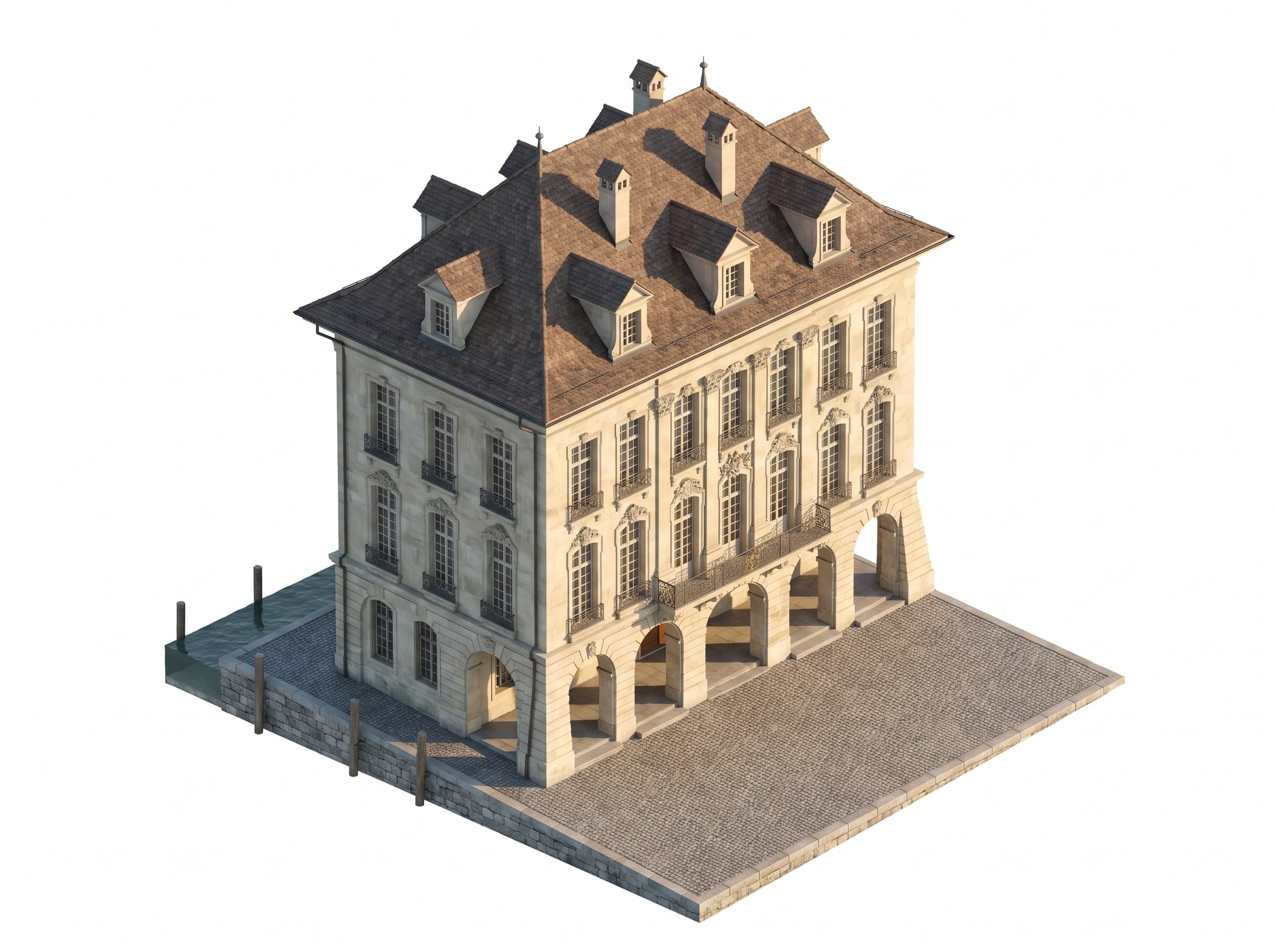 Visualisierung: barockes Zunfthaus mit Arkaden im Erdgeschoss und Gauben im Walmdach, an einem Platz